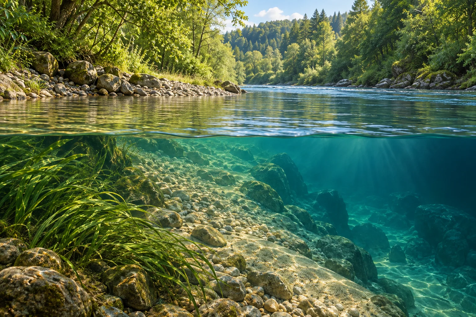 Illustrativer Blick über und unter Wasser: Uferpflanzen, abfallender Kiesgrund und tieferer Flussbereich.