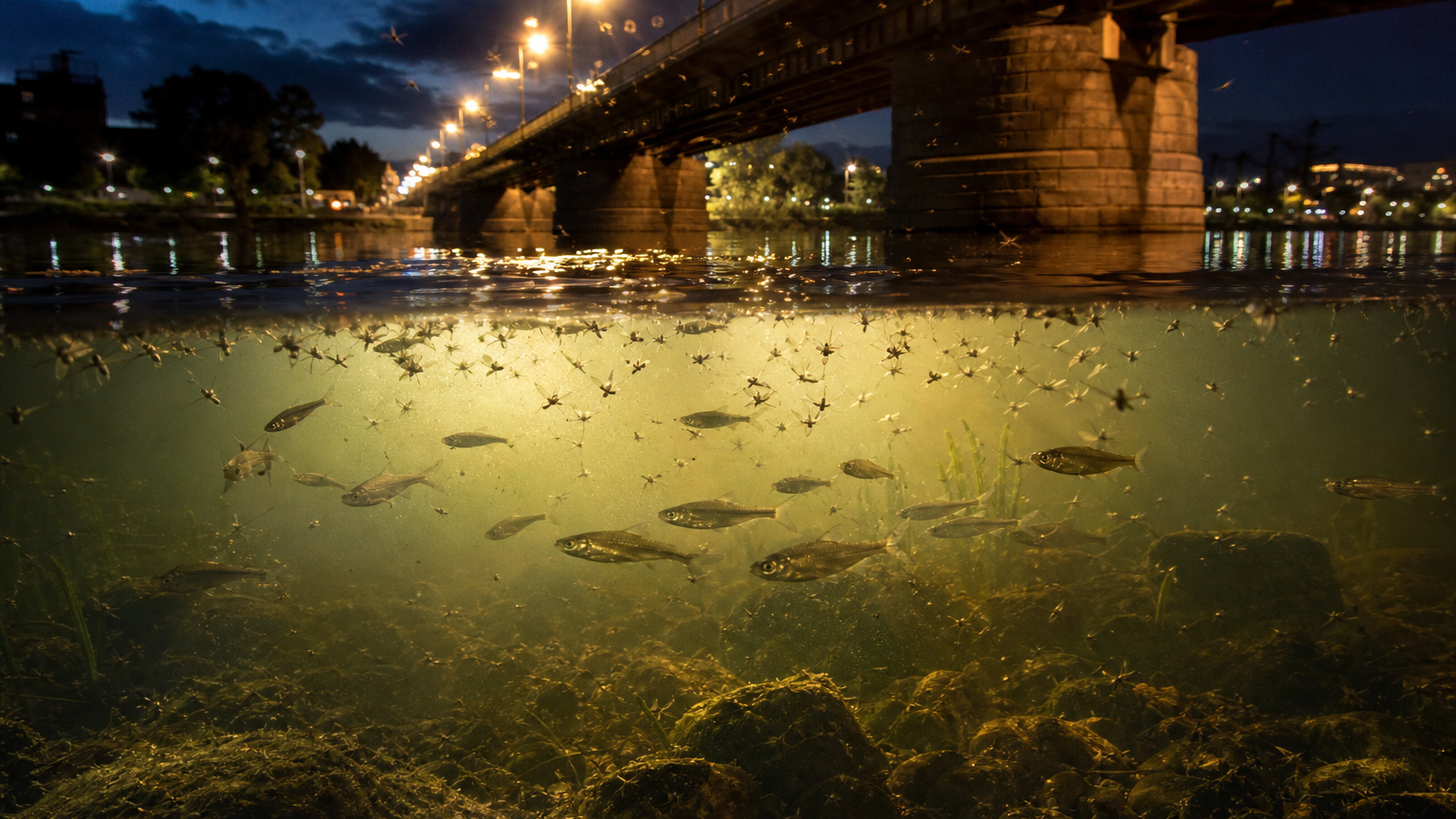 Unterwasseraufnahme bei Nacht unter einer beleuchteten Stadtbruecke mit Fischen nahe der Wasseroberflaeche