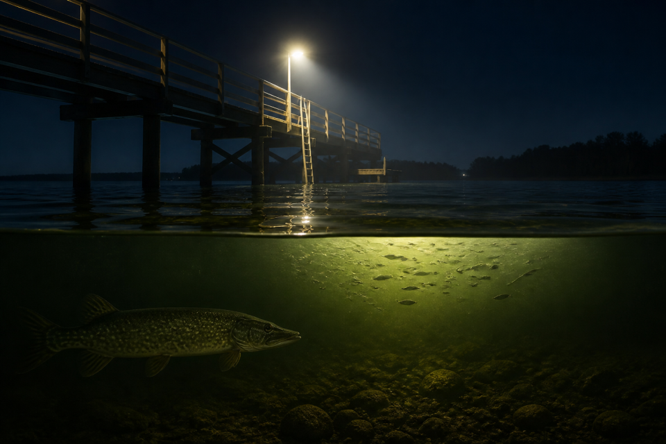 Beleuchteter Steg bei Nacht mit Fischen im Oberflaechenwasser und Raeuber im Schatten