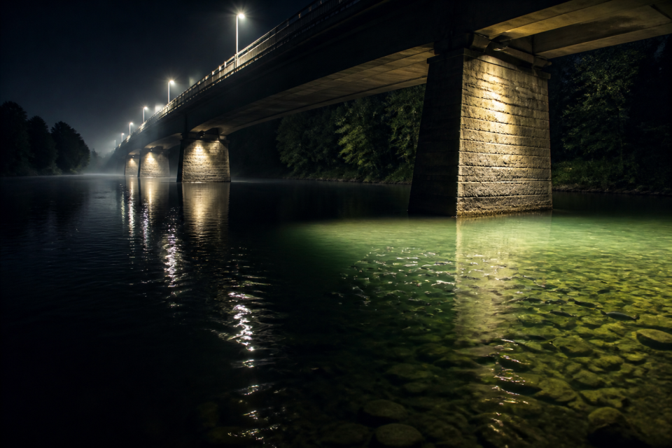 Wandernde Fische zoegern an einem hell beleuchteten Brueckenpfeiler bei Nacht