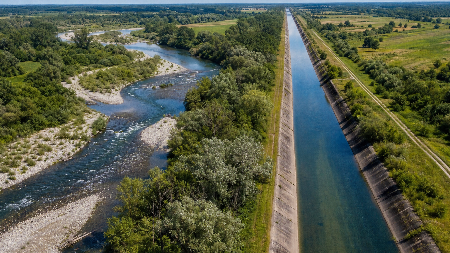 Luftbild eines mäandrierenden Flussabschnitts mit Kiesbänken und Auenwald, der in einen geradlinigen, befestigten Kanal übergeht