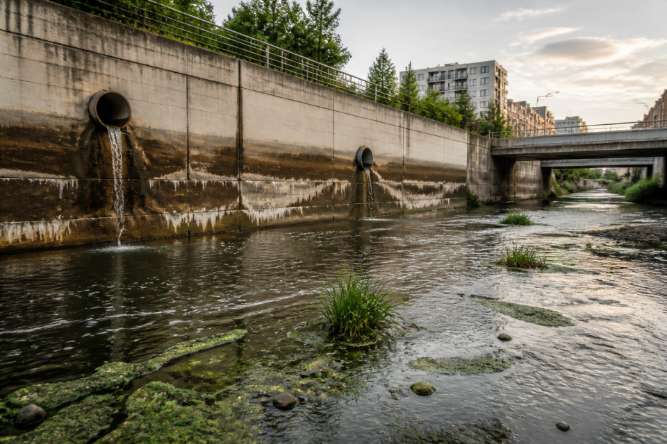 Städtischer Flussabschnitt mit Betonböschungen, Regenwassereinläufen und Spuren starker Abflussschwankungen