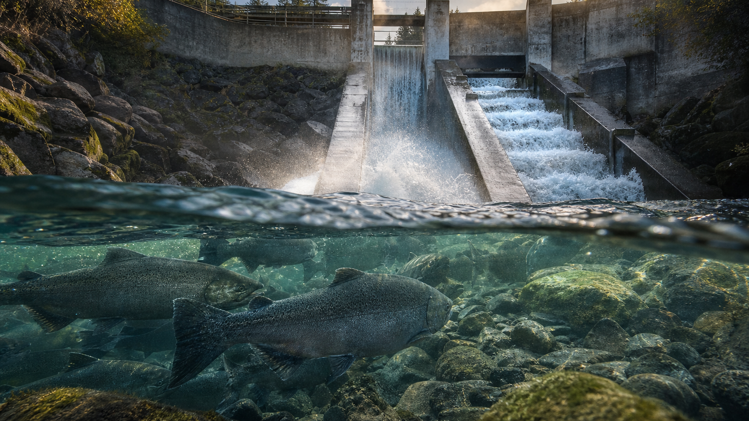Wanderlachsgruppe vor einer Staumauer mit sichtbarem Fischpass-Einstieg