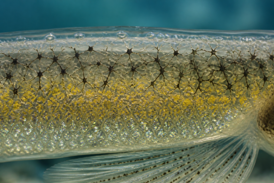 Vergrößerte Darstellung geschichteter Farbzellen in der Haut eines Knochenfisches.
