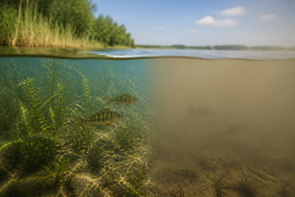 Klare und getrübte Gewässerbereiche zeigen unterschiedliche Sichtbedingungen für Fische.