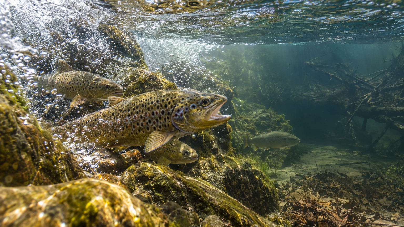 Fische in einem Fluss zwischen gut durchströmtem Flachwasser und einem sauerstoffarmen ruhigen Bereich