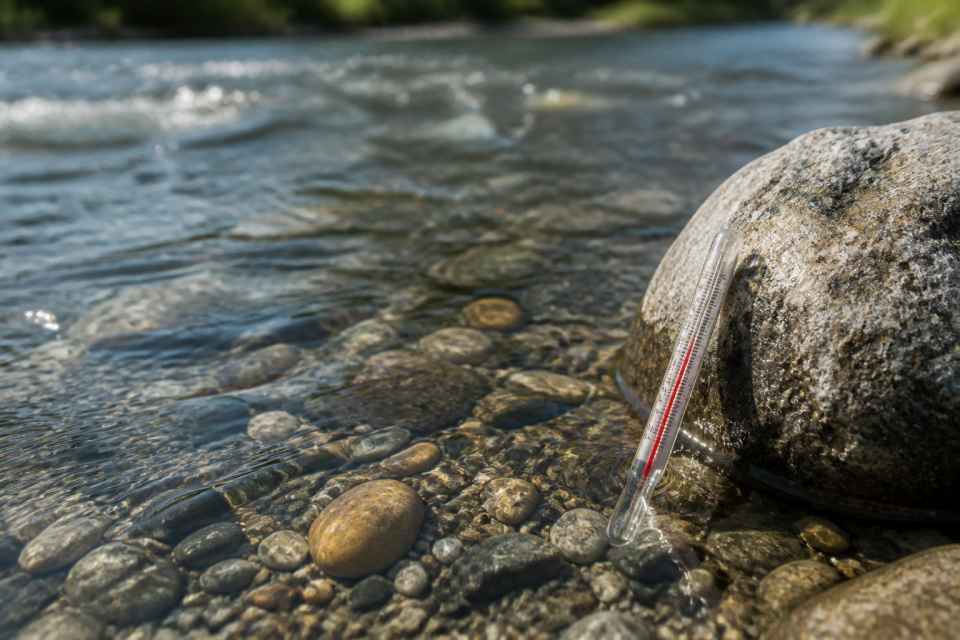Klares Flusswasser mit Kiesbett und Wasserthermometer am Ufer