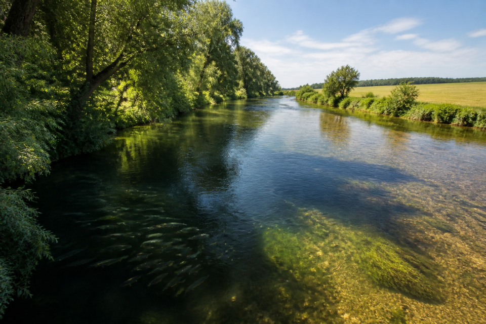 Gemischt beschatteter Fluss mit Fischschwärmen im kühleren Uferbereich