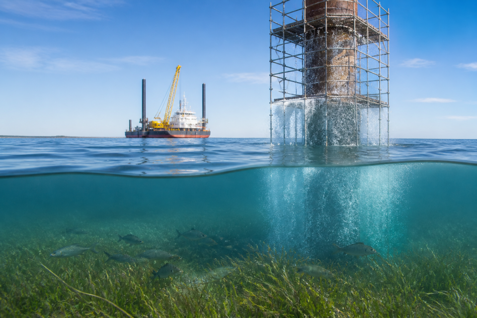 Baustelle im Wasser mit Luftblasenschleier als Schallschutz, nahe einer Seegrasfläche.