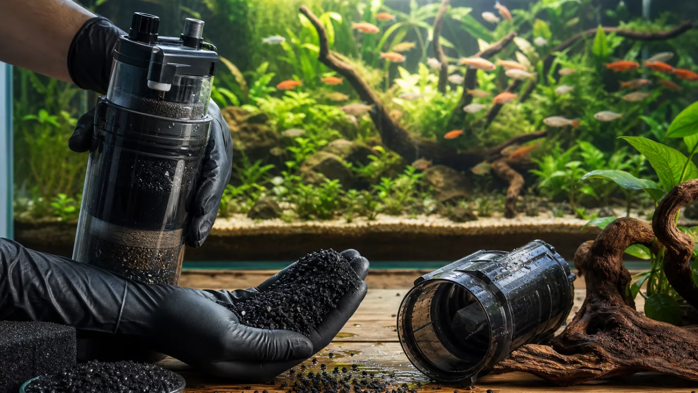 Netzbeutel mit Aktivkohle in einem Filterkorb vor einem Süßwasseraquarium