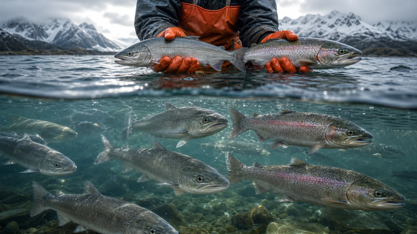 Helle Alaska-Seelachs-Filets auf Eis neben einem Stück Lachsfilet an einer Fischtheke