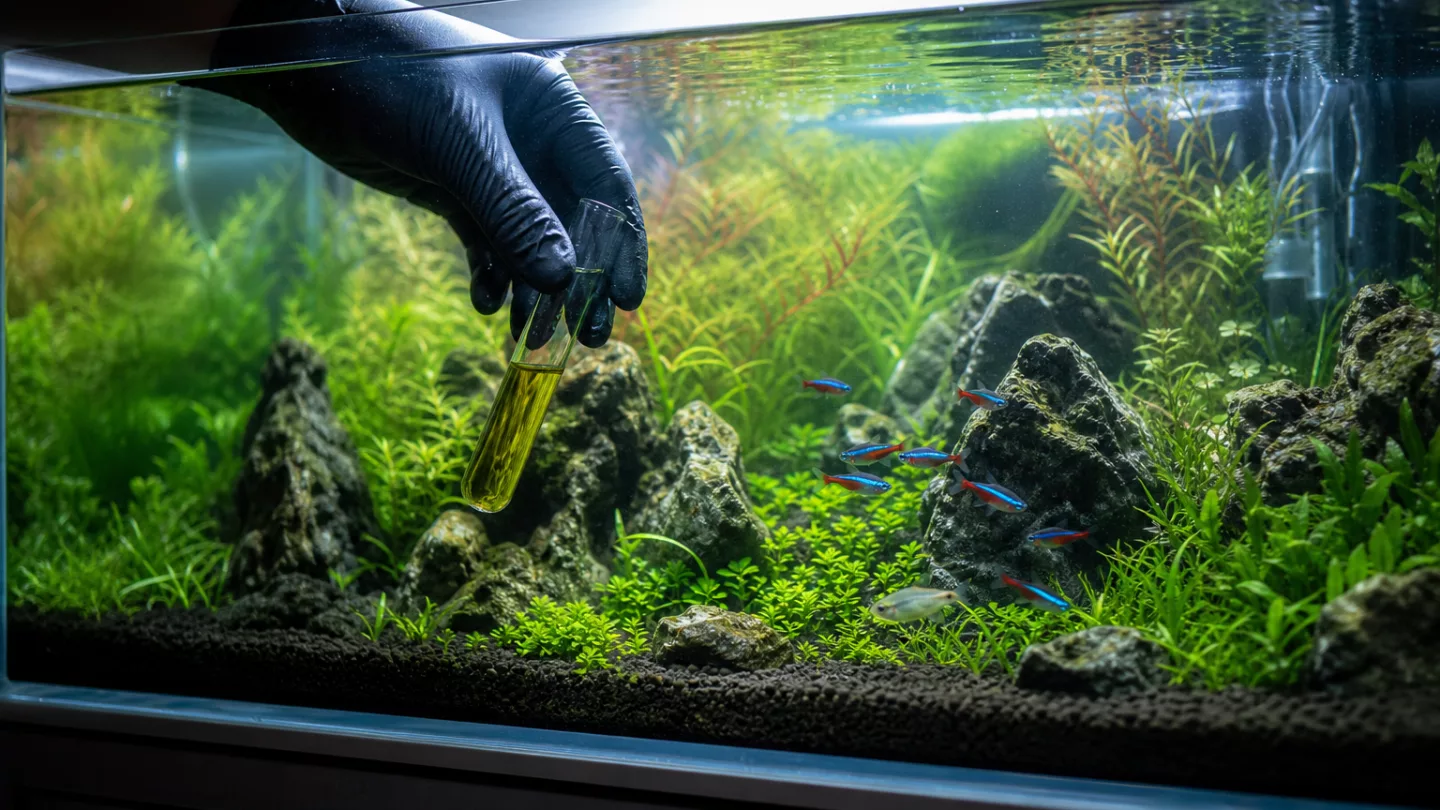 Süßwasseraquarium mit an der Oberfläche hechelnden Fischen und einem Ammoniak-Tropfentest auf dem Beckenrand