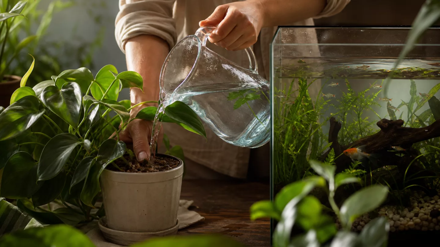 Aquarienwasser aus einem Eimer wird zum Gießen von Zimmerpflanzen verwendet, ein Aquarium steht im Hintergrund