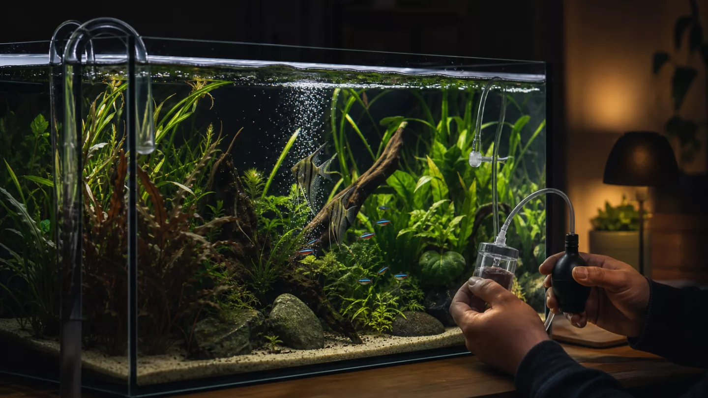 Aquarium bei Nacht mit Luftausströmer und bewegter Wasseroberfläche