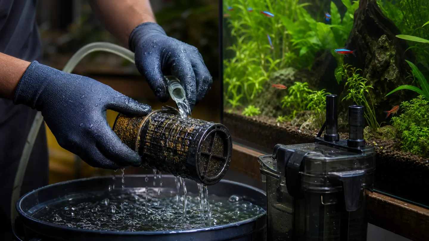Aquarianer reinigt Außenfiltermedien im Eimer mit Aquariumwasser vor einem Becken