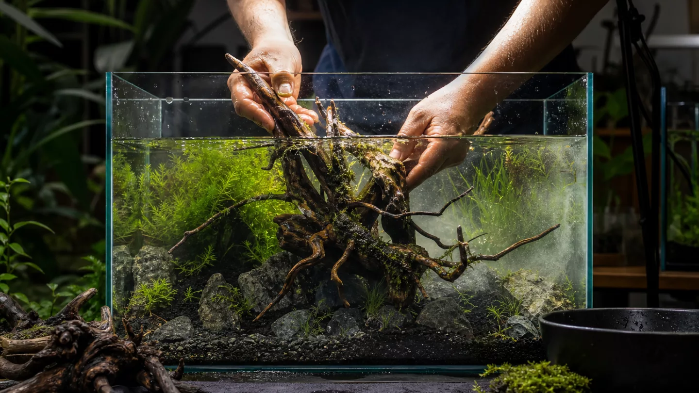 Süßwasseraquarium mit großer verzweigter Wurzel zwischen Wasserpflanzen