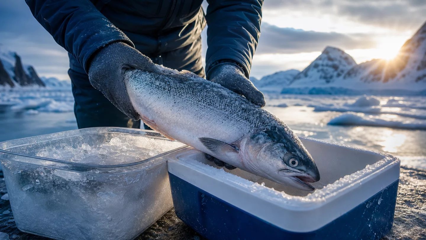 Beschriftete Fischportionen in einem Gefrierbeutel vor einer geöffneten Gefriertruhe