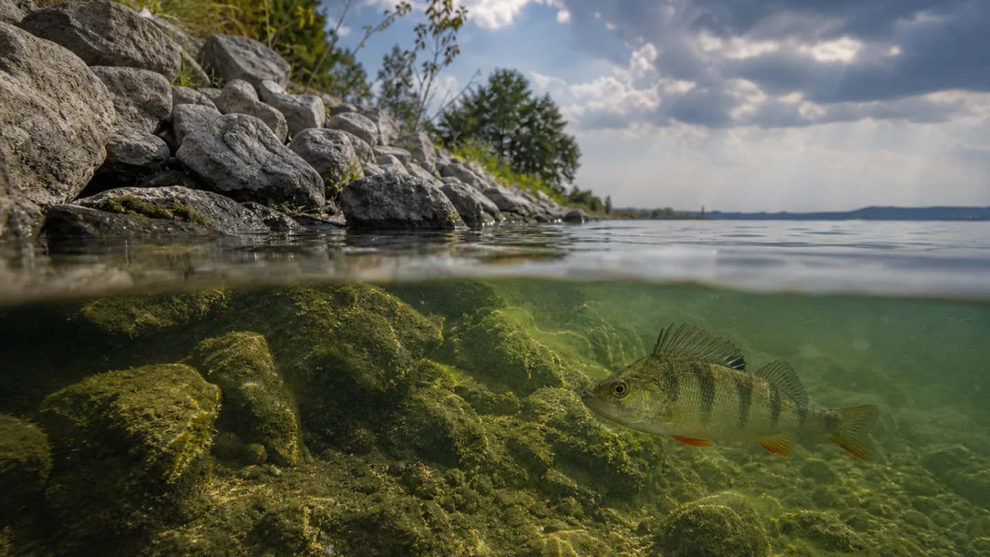 Seeufer mit Steinschüttung neben einem naturnahen Schilfgürtel an einem stillen See