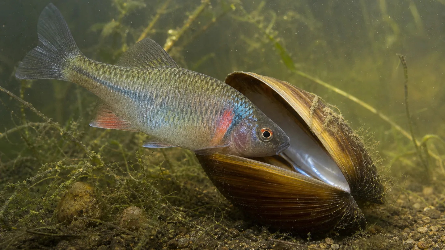 Ein Bitterling schwimmt über kiesigem Grund neben einer Süßwassergroßmuschel in flachem, klarem Wasser.