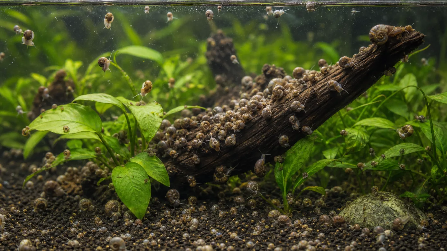 Mehrere kleine Blasenschnecken sitzen auf der Aquariumscheibe und auf Wasserpflanzen in einem Süßwasseraquarium.
