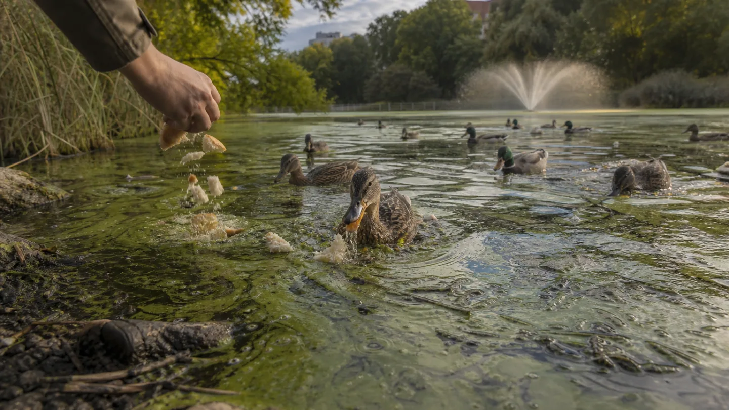 Kleiner Stadtteich mit Enten und auf dem Wasser treibenden Brotstücken am Ufer eines Parks