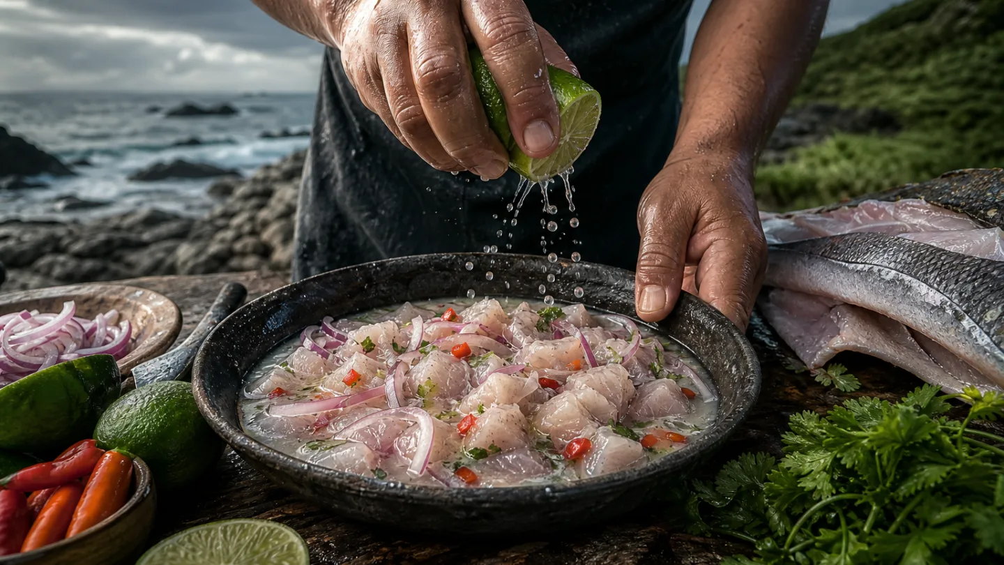 Schale mit mariniertem rohem Fisch, roten Zwiebeln, Kräutern und Limetten auf einer kühlen Küchenarbeitsfläche