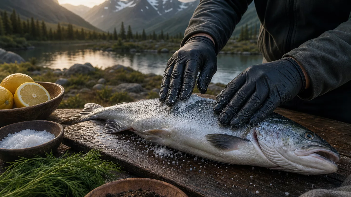 Karpfenfilets werden getrimmt und in Milch eingelegt, Zitronen und Kräuter daneben auf dem Schneidebrett