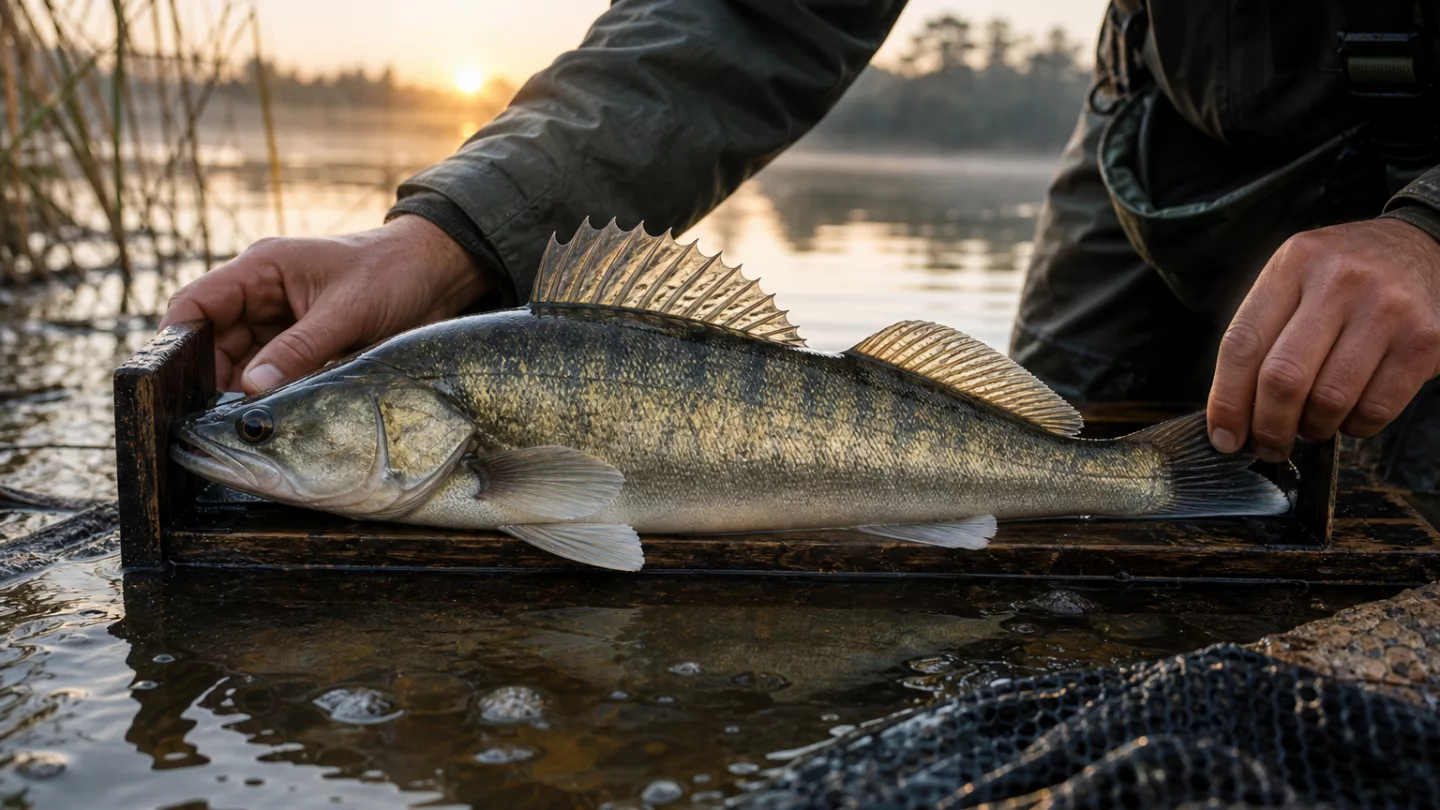 Angler misst einen Fisch auf einem nassen Messbrett mit der Schnauze am Nullpunkt und gerader Schwanzflosse am Ufer