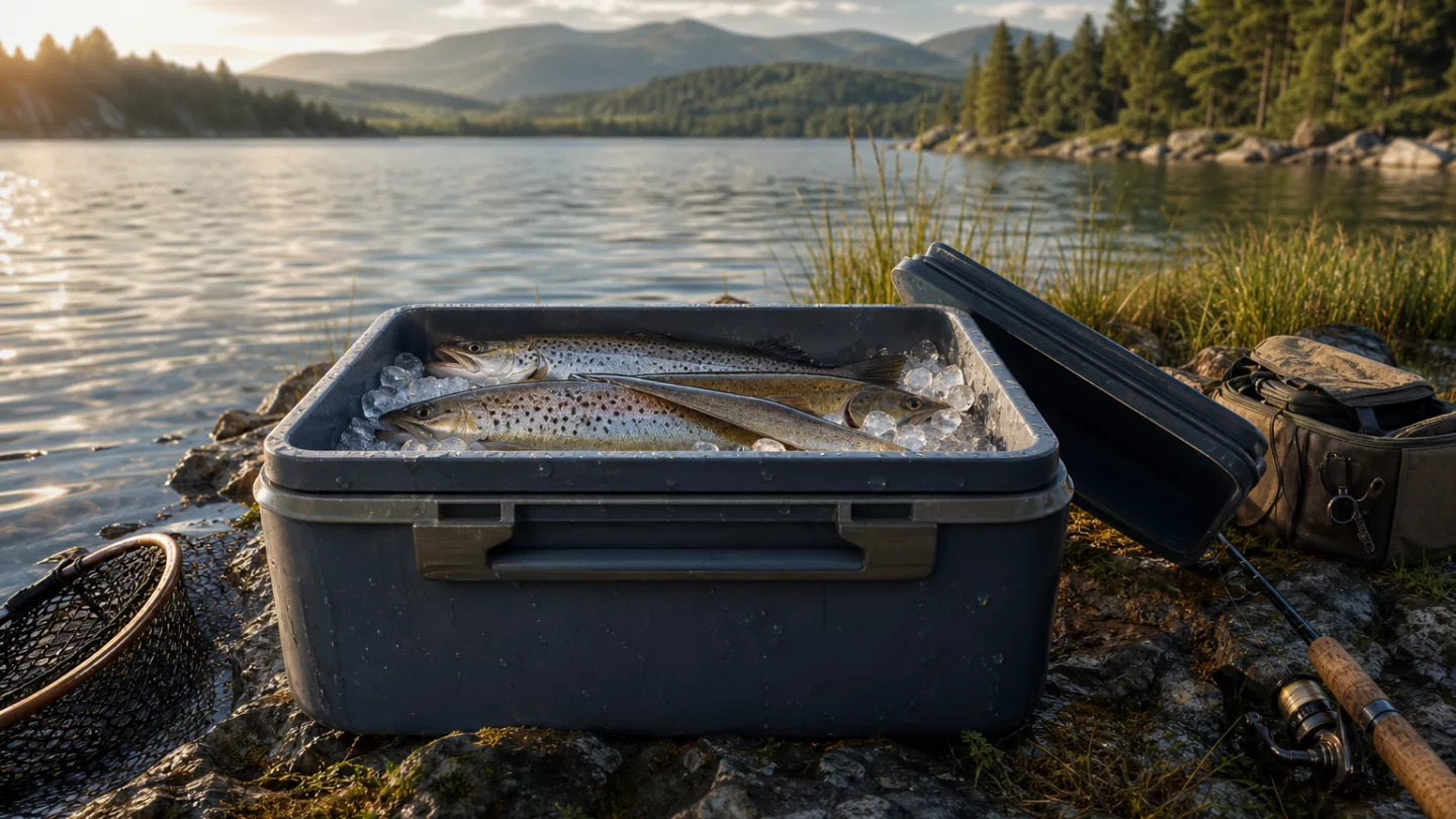 Angler legt frisch gefangene Fische in eine mit Eis gefüllte Kühlbox am Ufer