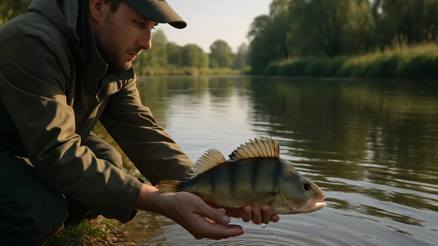 Angler lässt einen Barsch nach behutsamer Wiederbelebung horizontal zurück ins Wasser