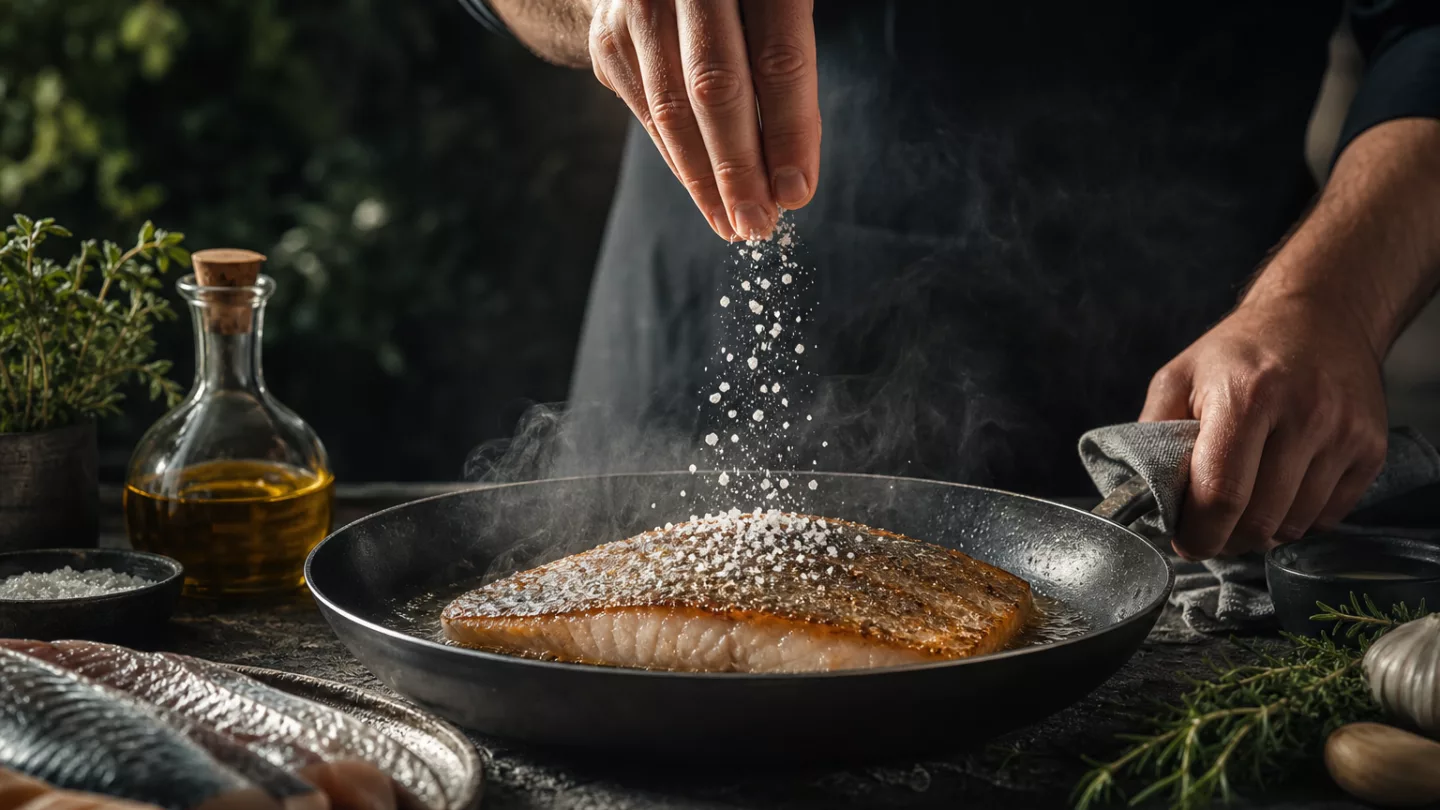 Köchin salzt ein Fischfilet mit Haut über einer heißen Pfanne in einer hellen Küche