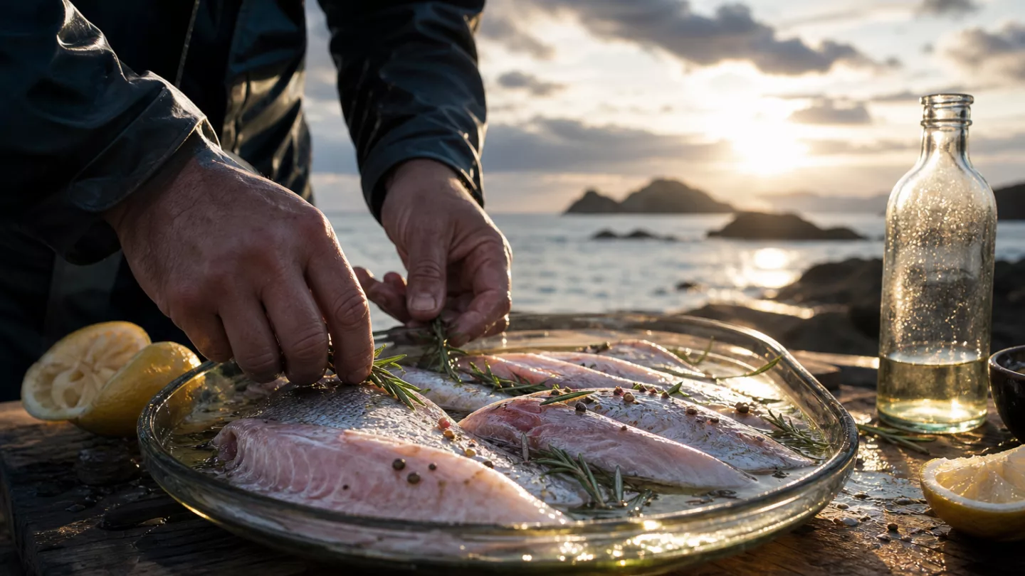 Rohe Fischfilets in einer Glasform mit Zitronen-Kräuter-Marinade im Kühlschrank