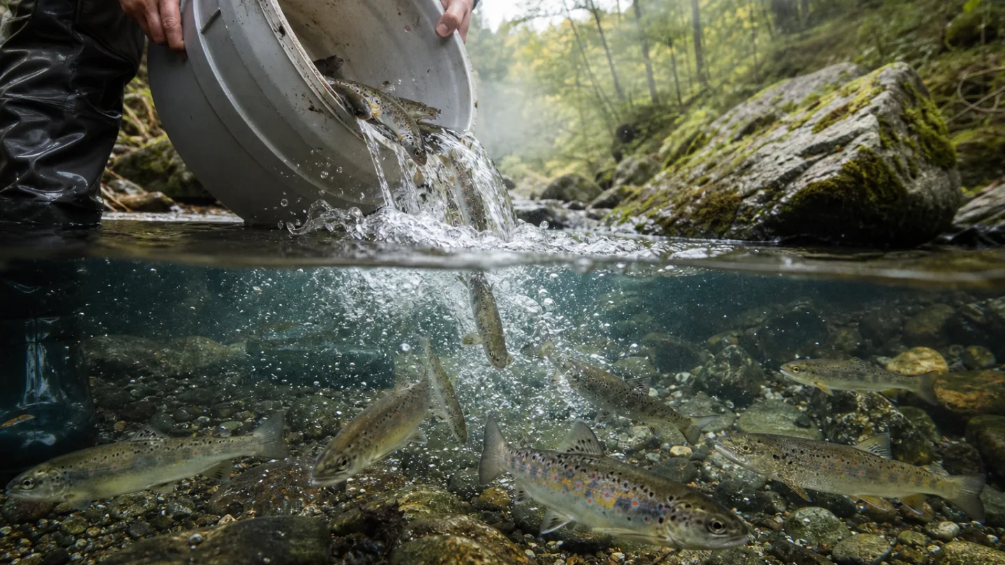 Ein Fischereibiologe setzt Jungforellen in einen kiesigen Bach mit bewachsenem Ufer.