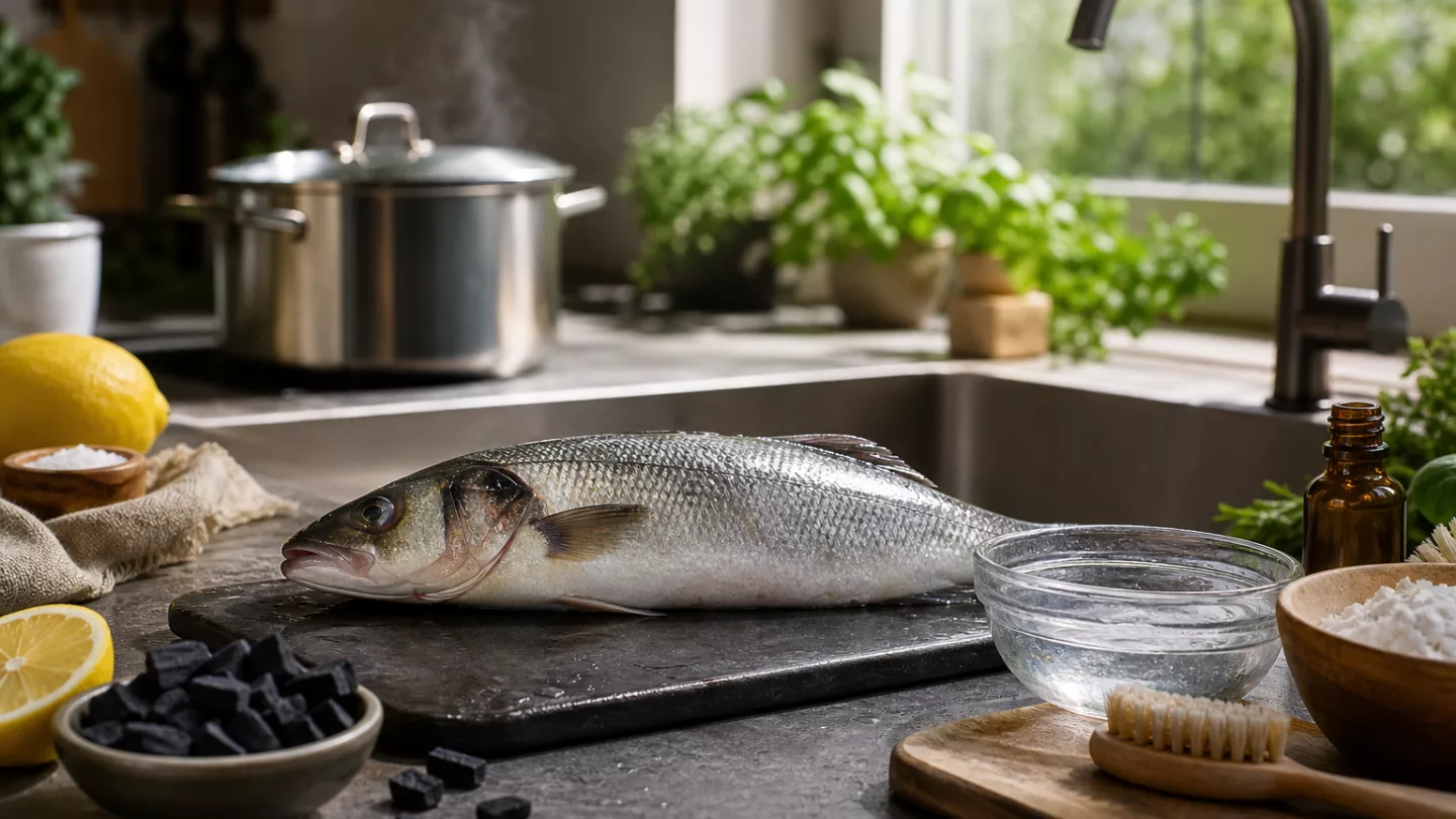 Offene Küche mit bratendem Fischfilet in der Pfanne, geöffnetem Fenster und laufendem Dunstabzug, Zitrone und Essigflasche daneben