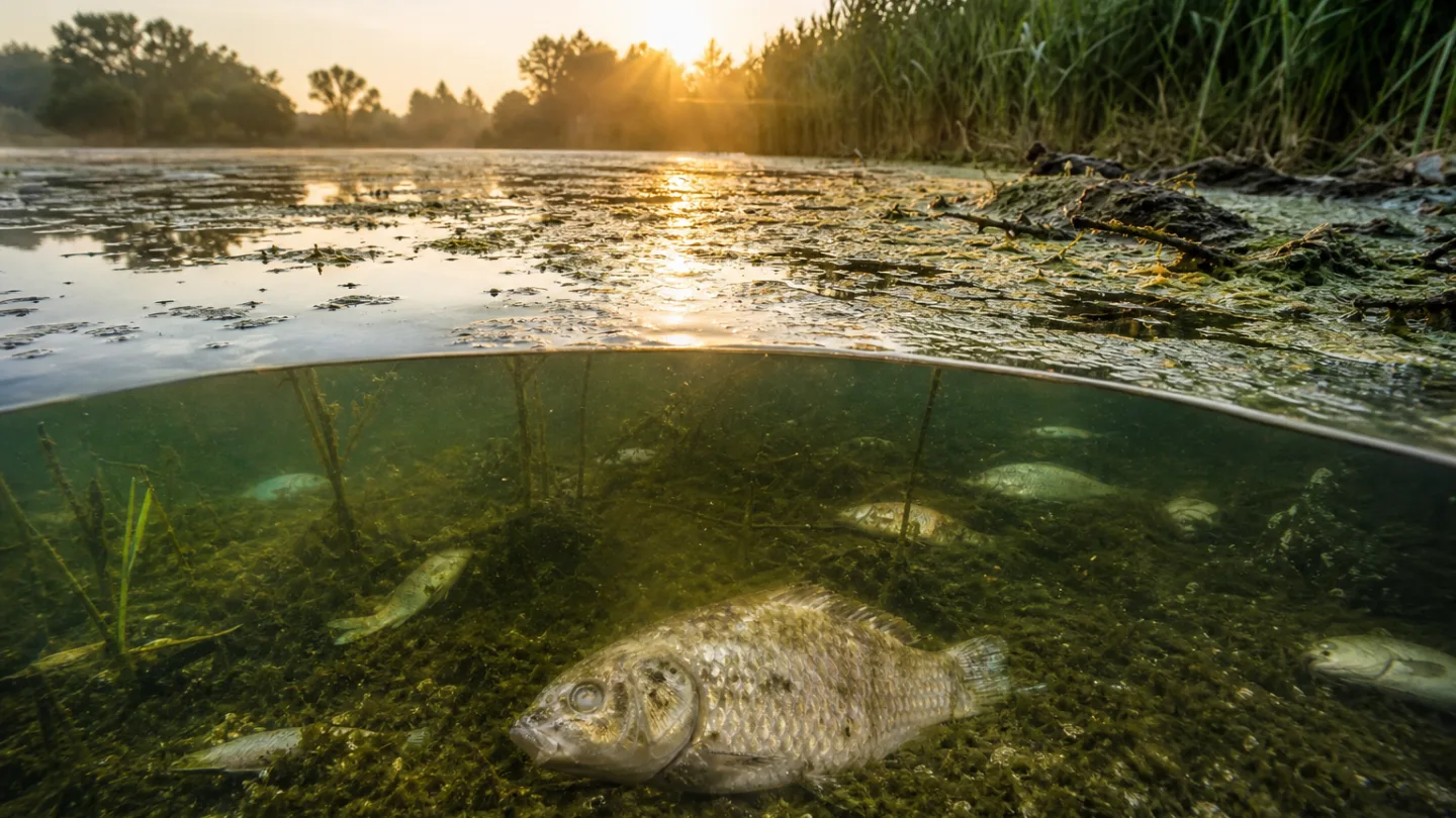 Flacher See am frühen Morgen nach einer Hitzewelle, Fische stehen nahe der Oberfläche am Ufer