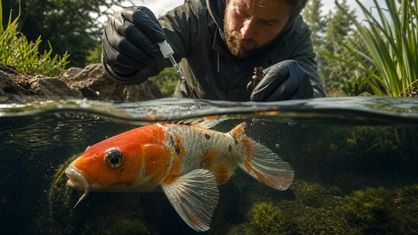 Guppy mit ausgefranster Schwanzflosse in einem Quarantänebecken, seitlich fotografiert