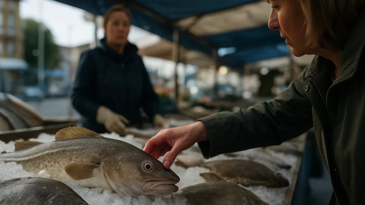 Marktstand mit frischem Fisch auf Eis, Käuferin prüft die Frische eines Fisches; Blick auf Augen, Haut und Eis.