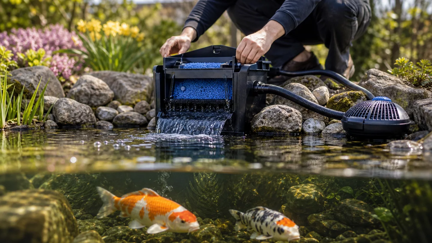 Geöffneter Teichfilter am Rand eines Gartenteichs im Frühling, dahinter ruhiges Wasser mit Fischen