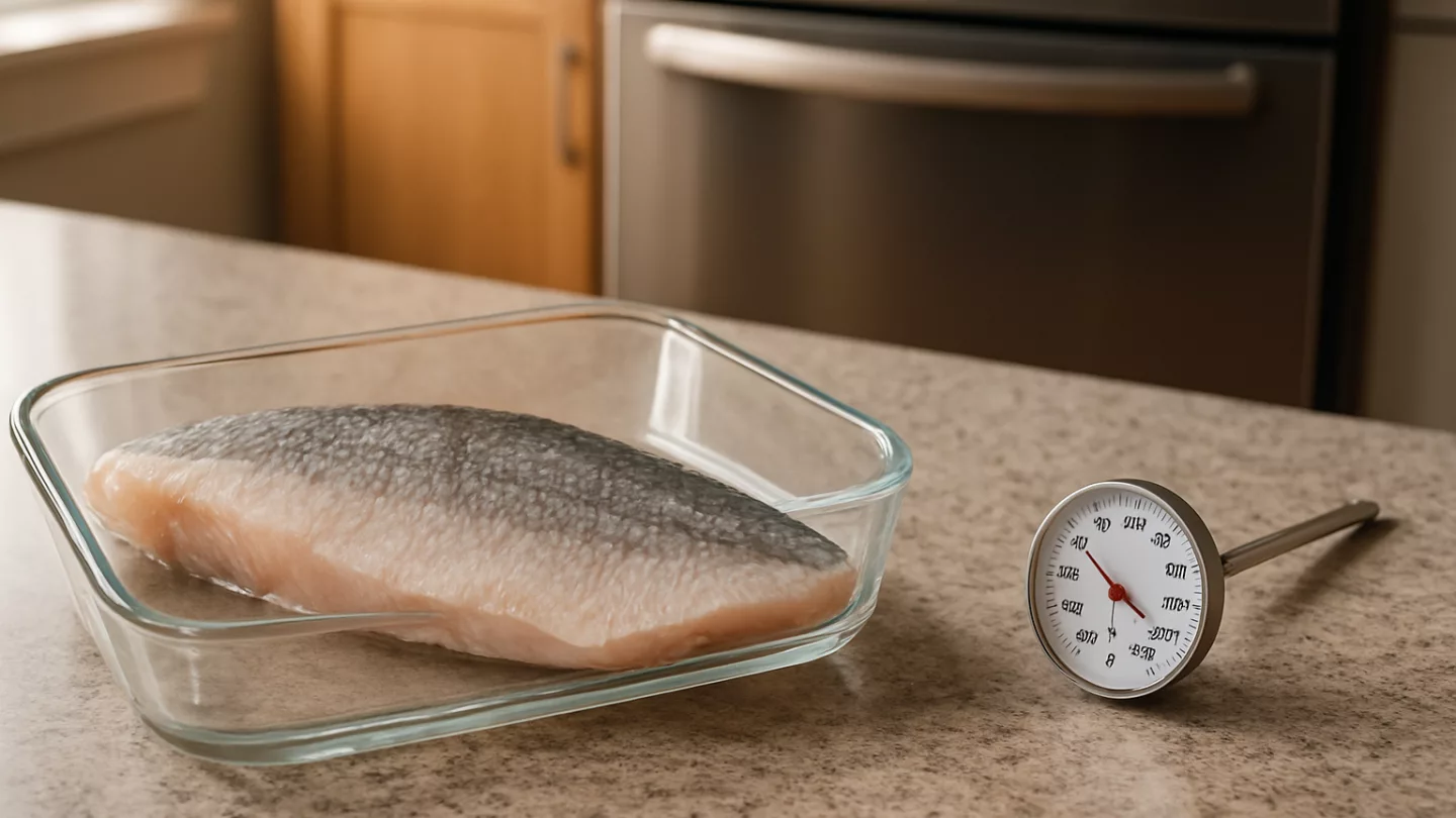 Aufgetautes Fischfilet in einer Schale auf einer Küchearbeitsplatte mit Thermometer im Hintergrund