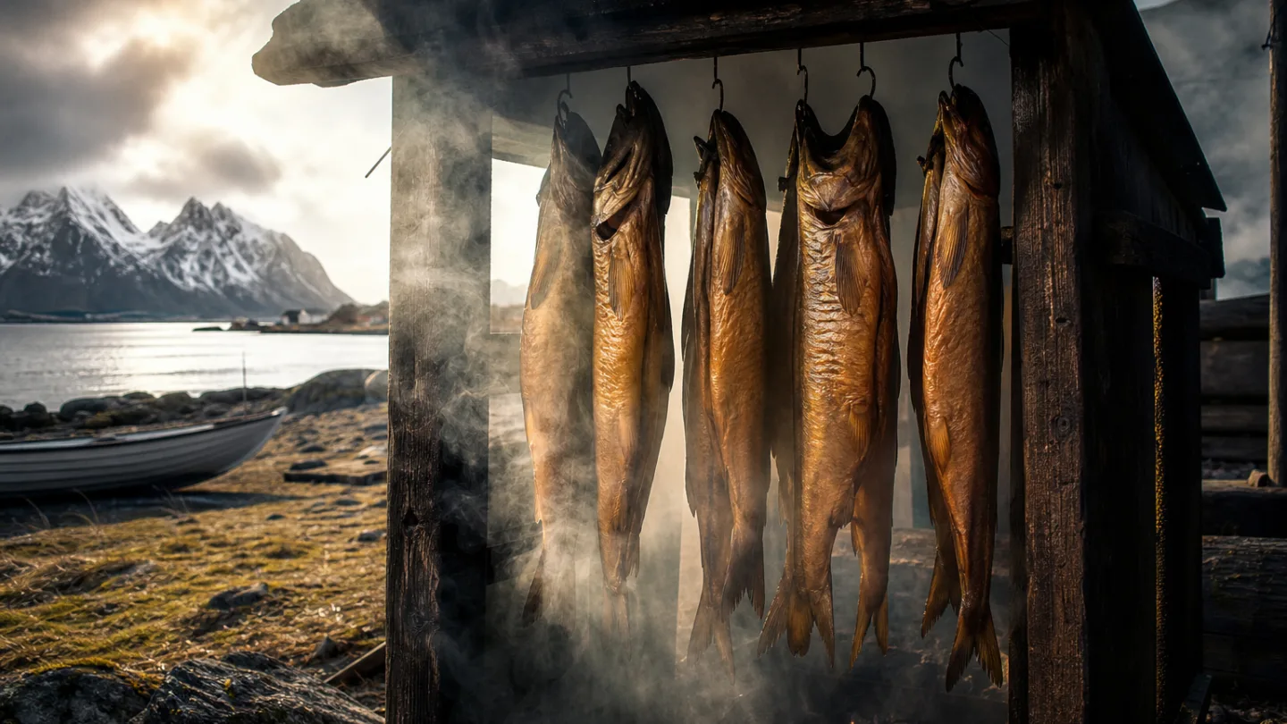 Geöffnete Packung mit geräuchertem Fisch aufbewahrt im Kühlschrank neben einer Glasdose