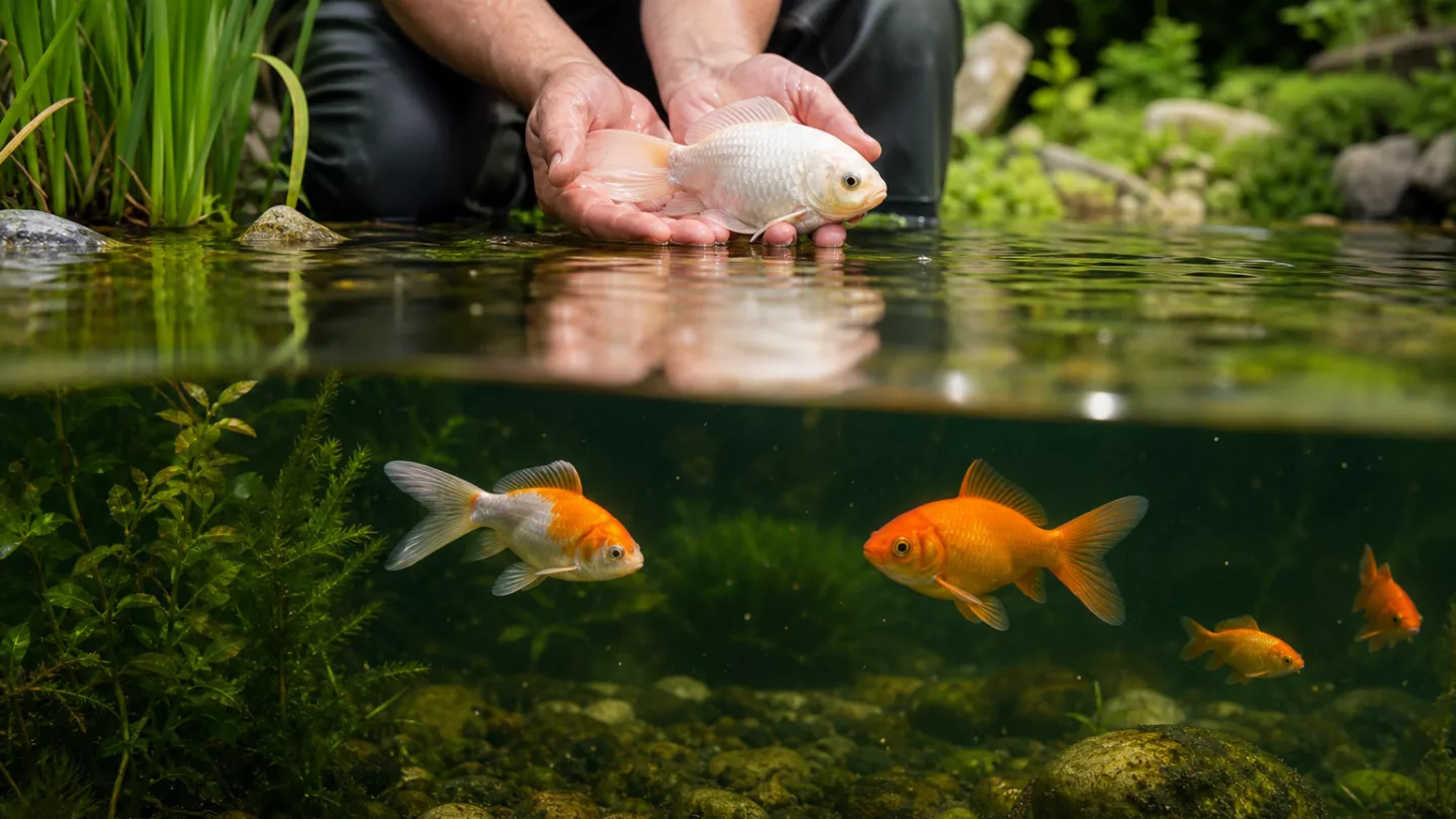 Orangefarbener Goldfisch nahe der Wasseroberfläche in einem bepflanzten Gartenteich bei Tageslicht