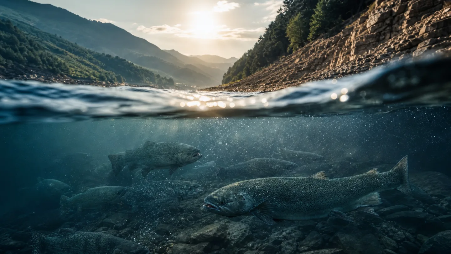 Sommerlicher See mit ruhiger Oberfläche und schattigem Uferbereich als möglichem Rückzugsraum für Fische bei Hitze