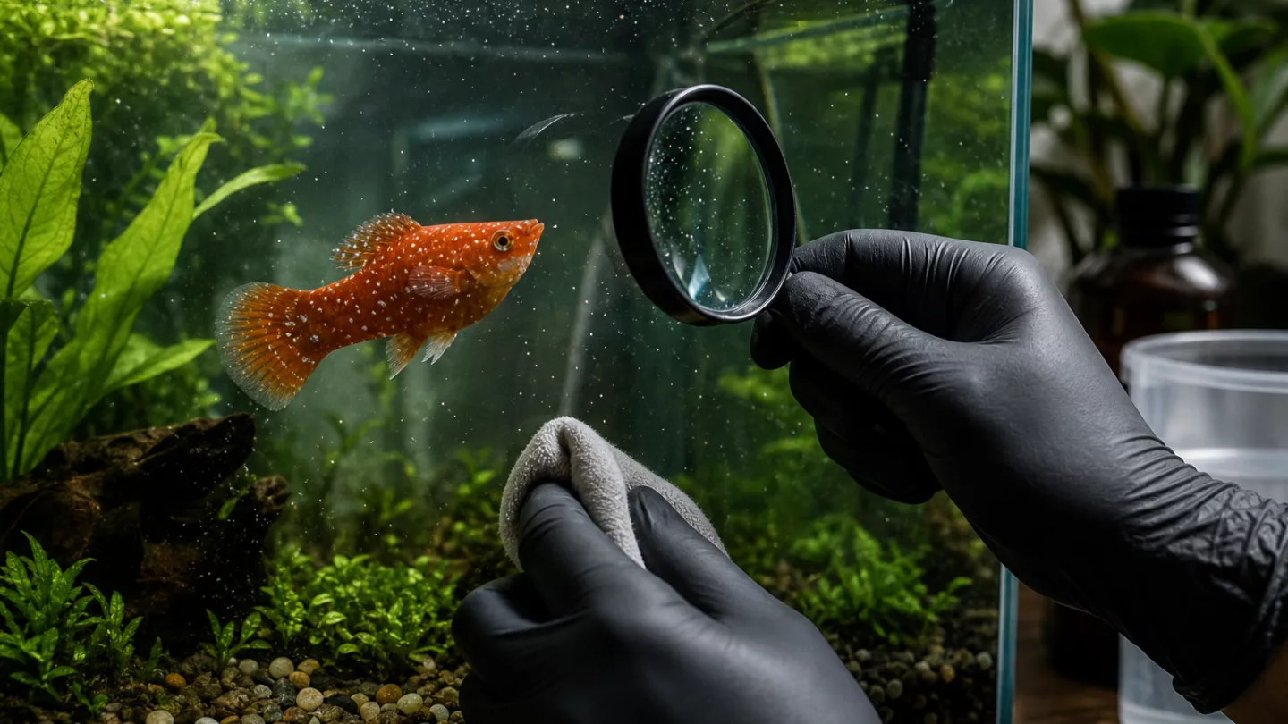 Nahaufnahme eines Süßwasserfischs mit weißen Punkten (Ichthyo) im Aquarium