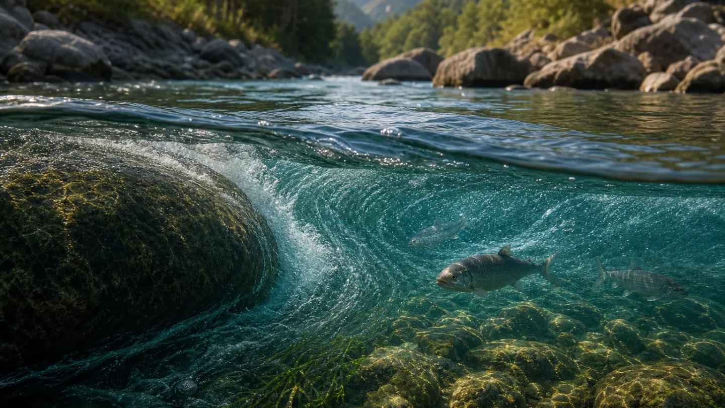 Angler an einem Flussufer vor einer sichtbaren Kehrströmung hinter einem Hindernis