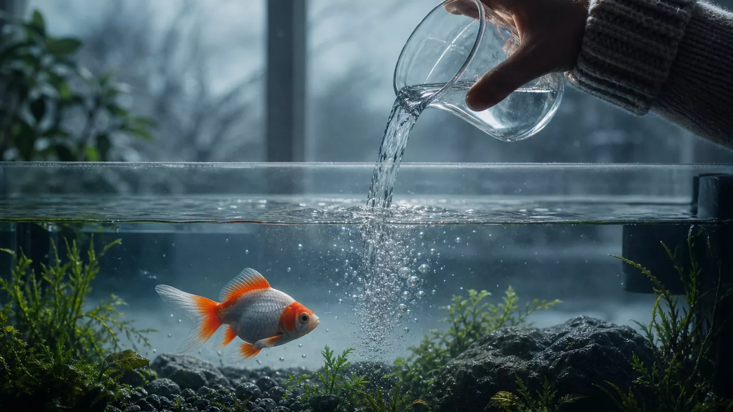 Person füllt im Winter kaltes Leitungswasser in einen Eimer neben einem Aquarium; Thermometer im Eimer zeigt niedrige Temperatur