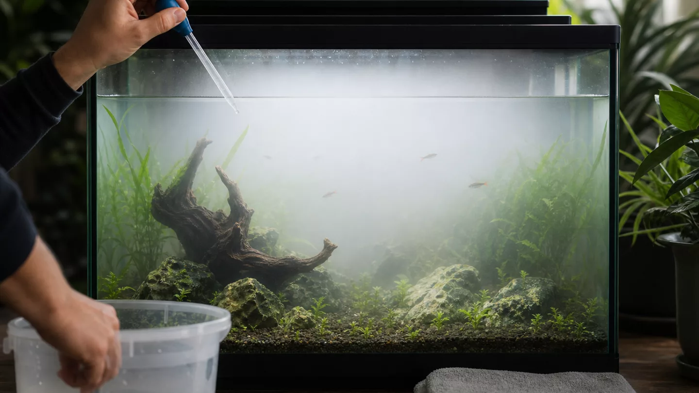 Heimisches Glas-Aquarium mit milchig trübem Wasser, Pflanzen und Fischen, aufgenommen im Wohnzimmer bei Tageslicht