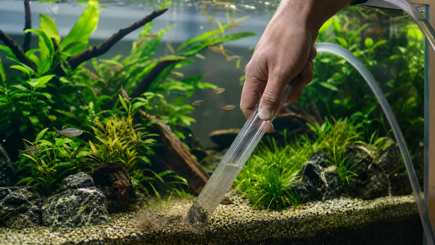 Aquarianer saugt mit Mulmglocke den Bodengrund in einem bepflanzten Süßwasseraquarium ab