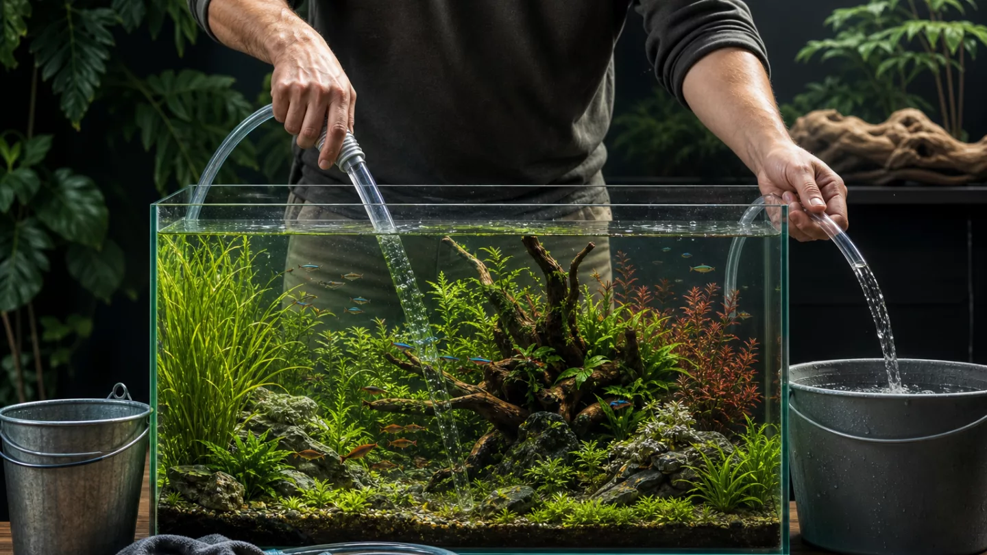 Aquarianer füllt Osmosewasser in ein offenes Aquarium, Wasserstandmarke sichtbar