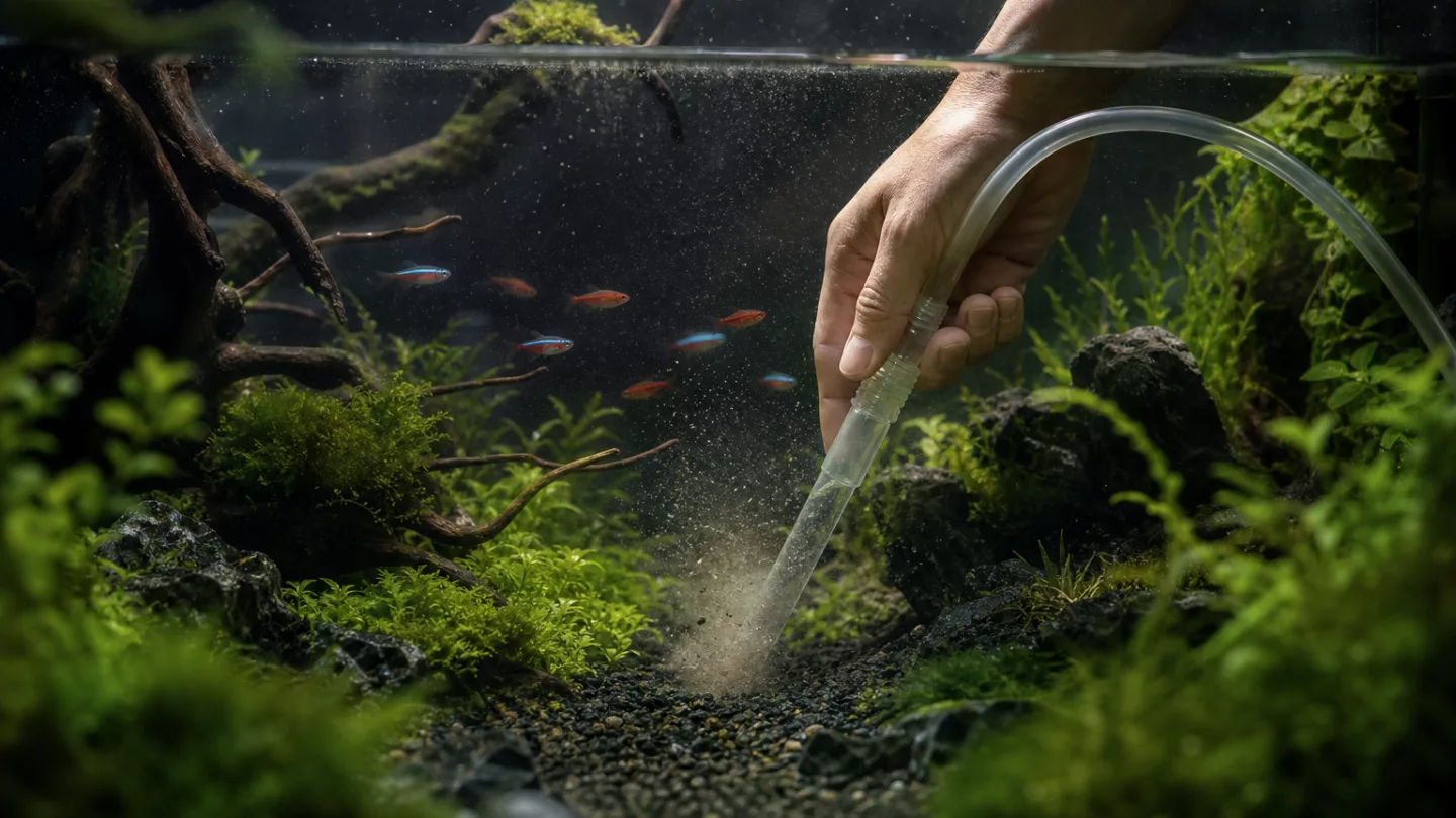 Aquarianer misst Nitrat mit Tropfentest neben einem dicht bepflanzten Aquarium