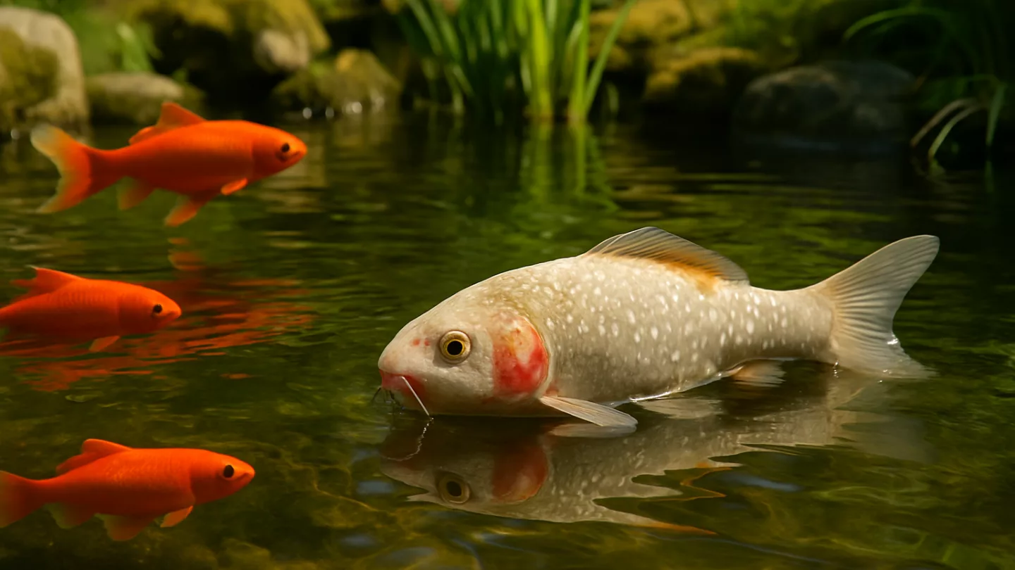 Gartenteich mit Goldfischen, einer mit sichtbaren Hautveränderungen